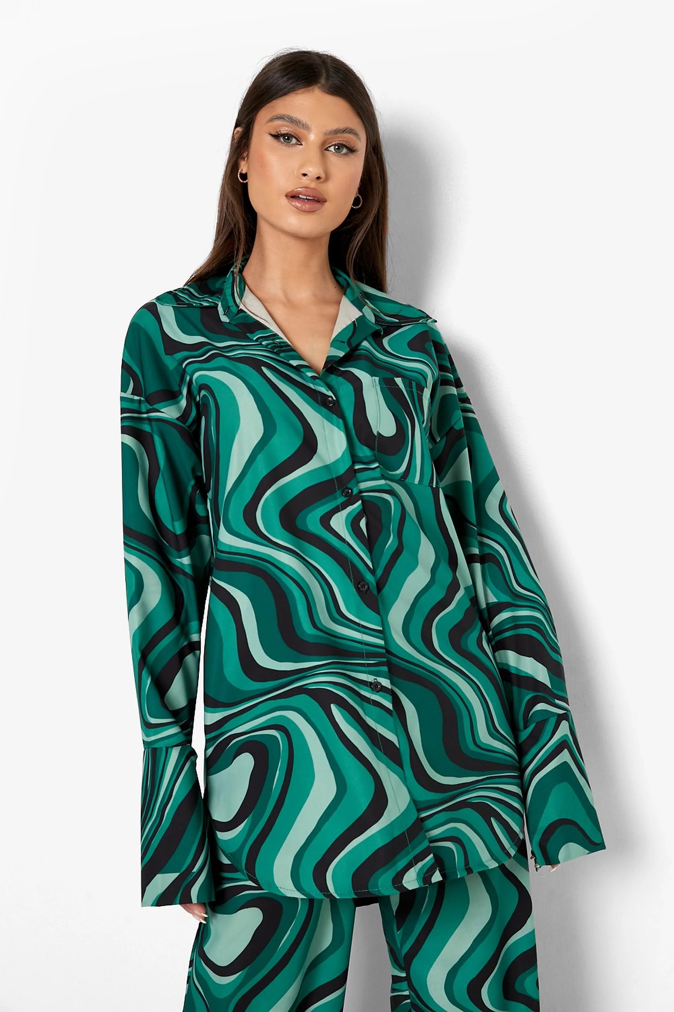 Abstract Print Matte Satin Relaxed Fit Shirt | Boohoo.com (US & CA)