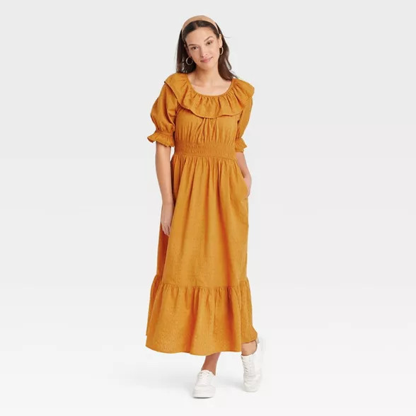 Women's Short Sleeve Ruffle Collar Dress - Universal Thread™ Gold S | Target