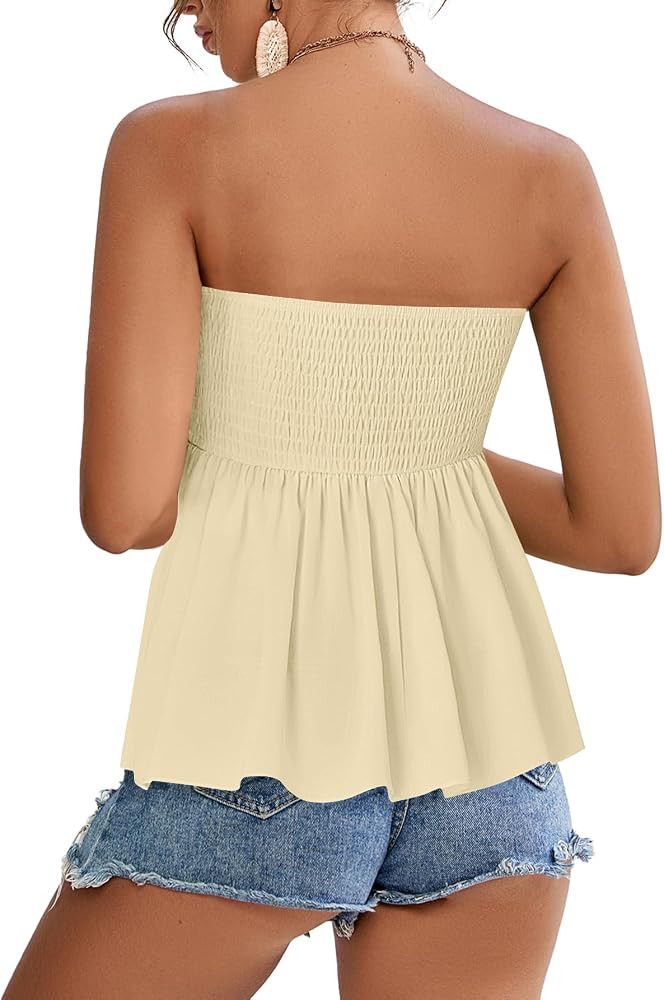 Rooscier Women's Smocked Tube Tops Flowy Ruffle Sleeveless Peplum Bandeau Babydoll Cami Tank | Amazon (US)