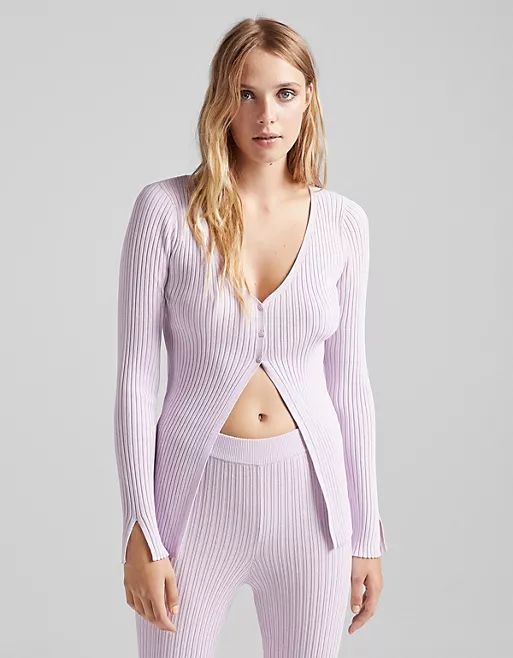 Bershka knitted rib detail button cardigan set in lilac | ASOS (Global)