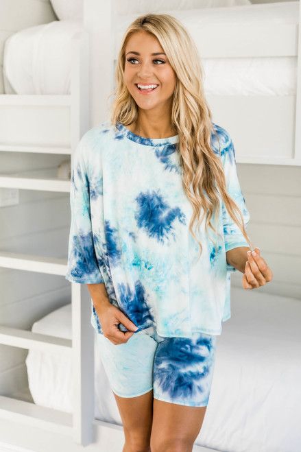 Finding Hope Tie Dye Blouse Mint/Navy | The Pink Lily Boutique