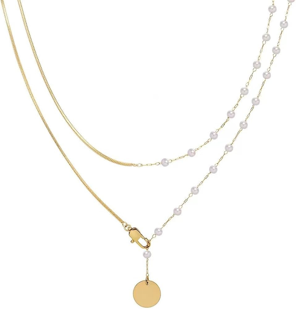 HUARJO Dainty Pearl Necklaces for Women 18K Gold Plated Link Chain Baroque Pearl Pendant Gold Cho... | Amazon (US)