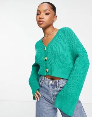 ASOS DESIGN v neck cropped cardigan with cable stitch in green | ASOS (Global)