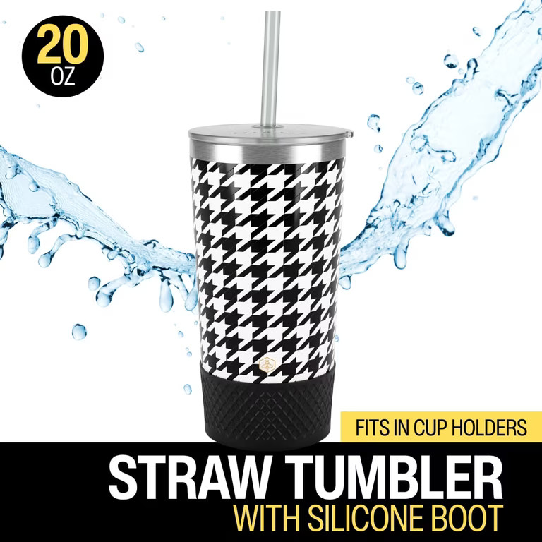 Biddlebee 20oz Insulated Stainless Steel Tumbler with Straw and Silicone Boot, Black & White Chec... | Walmart (US)