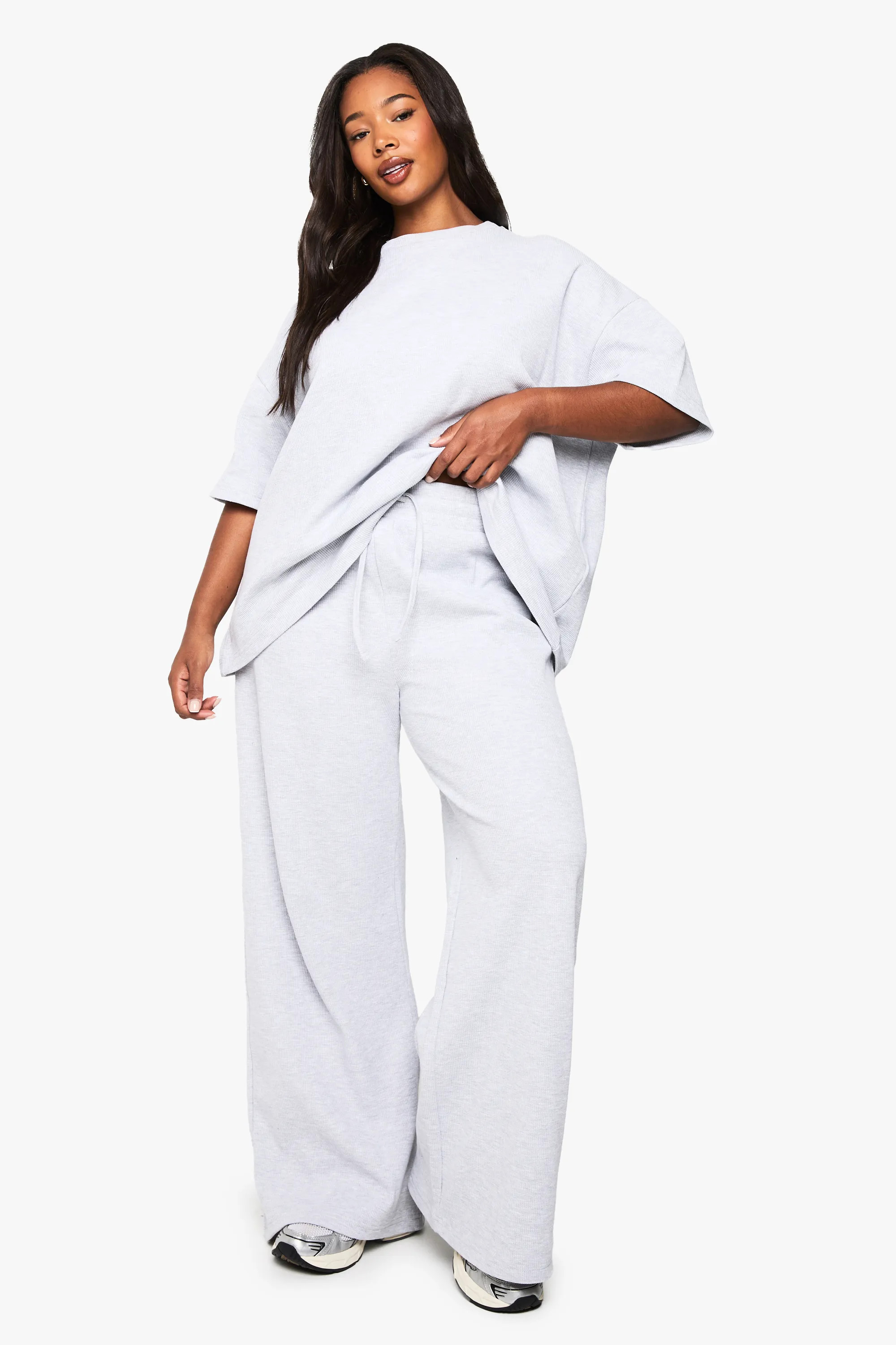 Ash Grey boohoo Plus Drawstring Waist Waffle Trouser | PrettyLittleThing AU | Pretty Little Thing (Australia & New Zealand)