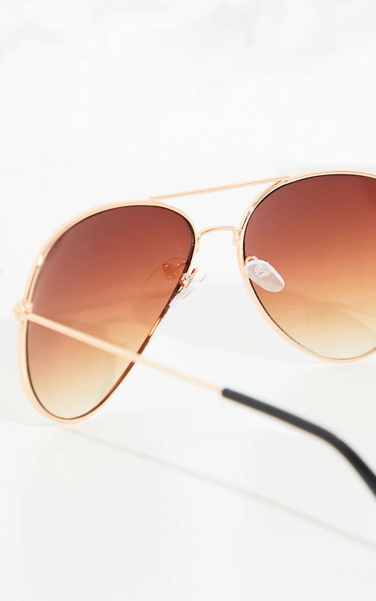 Brown Metal Aviator Sunglasses | PrettyLittleThing CAN
