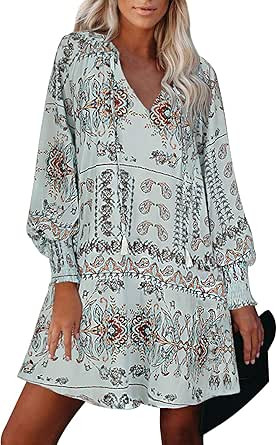 Selowin Womens Tie V Neck Mini Dress Casual Loose Ruched Dresses | Amazon (US)
