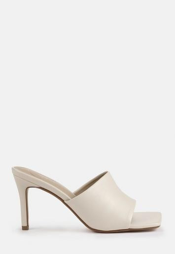 Cream Faux Leather Mid Heel Mule Sandals | Missguided (US & CA)
