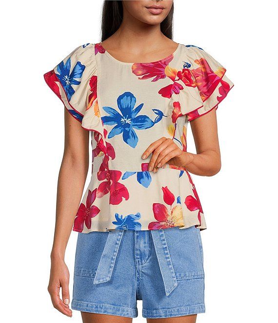 Floral Print Ruffle Short Sleeve Round Neck Peplum Top | Dillard's