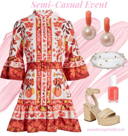 Graduation, Mother’s Day, Wedding .. any Semi-Casual Special Event 

New Farm Rio Orchard Print Shirtdress, Kate Spade Enamel Pearl Earrings, Lucite Gold Dot Bangle Bracelet, Essie Orange Nail Polish & Raffia Platform Sandals 

Spring Dress. Spring Outfit. Summer Outfit. Wedding Guest Dress. 

#LTKSeasonal #LTKStyleTip