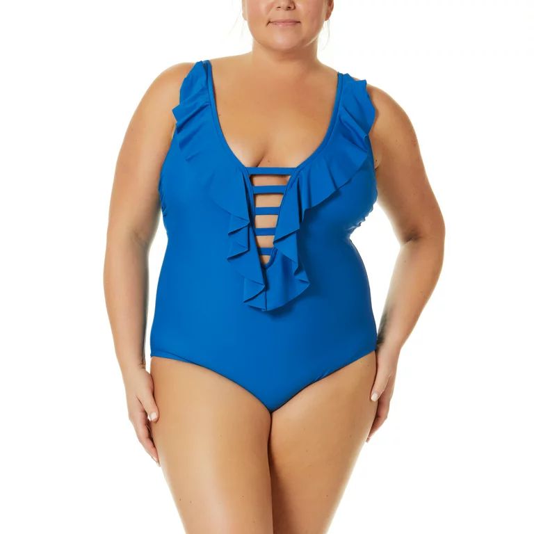 Terra and Sky Women's Plus Solid Ruffle One-Piece Swimsuit | Walmart (US)