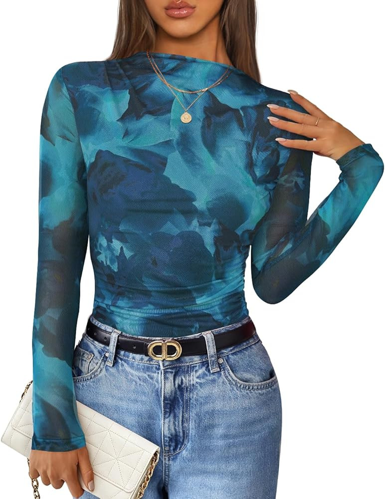 ZESICA Floral Long Sleeve Tops for Women Spring Mesh Mock Neck Ruched Fitted Shirts Going Out Blo... | Amazon (US)
