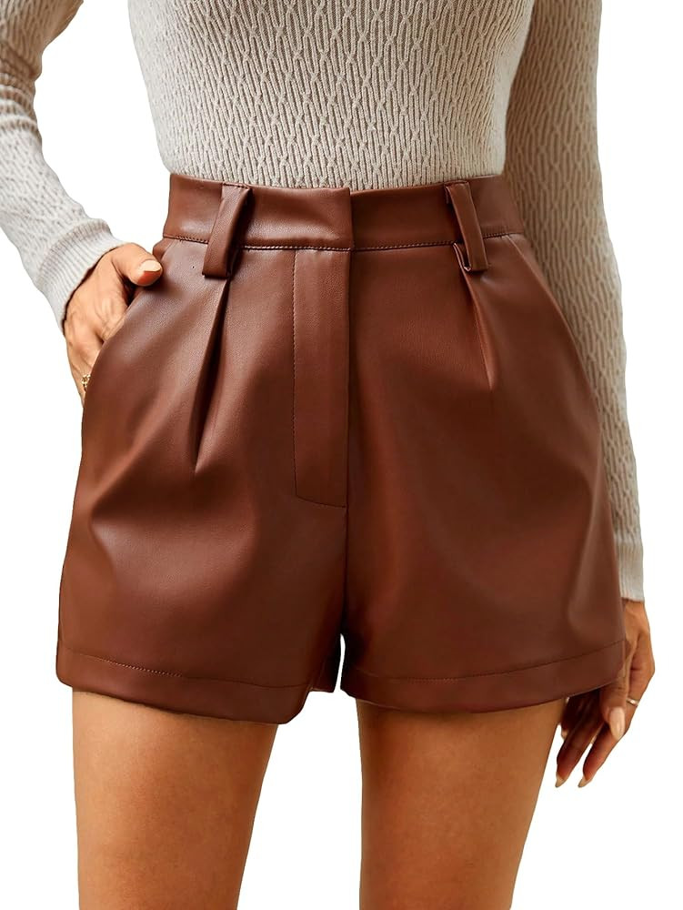 Milumia Women's PU Leather High Waisted Pleated Wide Leg Dressy Shorts with Pocket | Amazon (US)