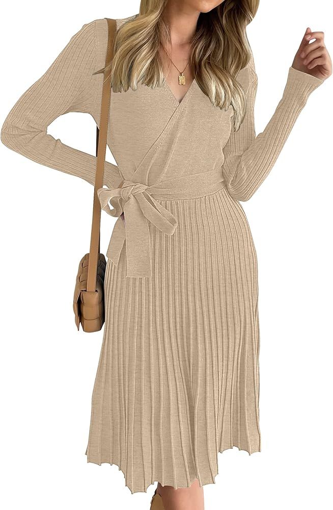 Women's 2023 Fall Long Sleeve Wrap V Neck Ribbed Knit Pleated A Line Pullover Sweater Dress with ... | Amazon (US)