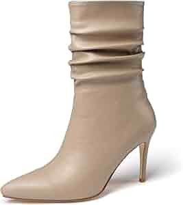 vivianly Womens Stiletto Heels Mid-Calf Boots Pointed Toe Zipper Booties | Amazon (US)