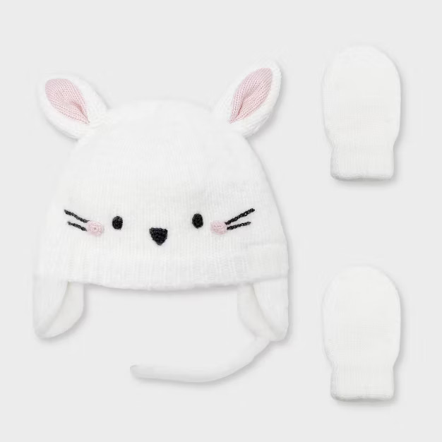 Baby Girls' Knit Bunny Trapper and Basic Magic Mittens Set - Cat & Jack™ Cream | Target
