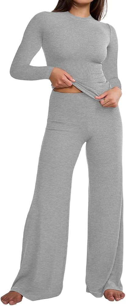 Women's 2 Piece Lounge Set Outfits Long Sleeve Ribbed Knit Top Wide Leg Pant Sweatsuit Tracksuit | Amazon (US)