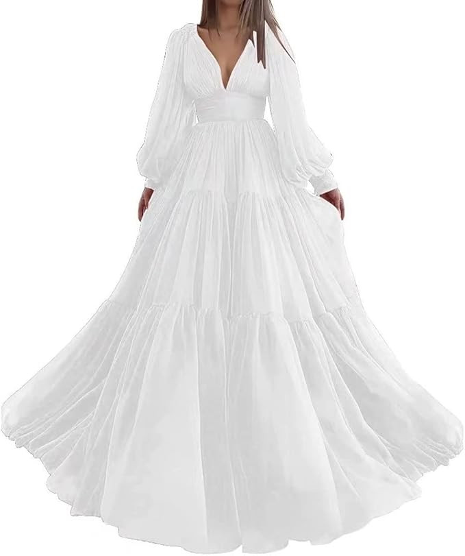 Long Sleeve Tulle Prom Dresses V Neck Puffy Formal Evening Party Gown for Women Princess Wedding ... | Amazon (US)