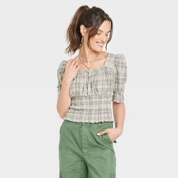 Women's Puff Elbow Sleeve Smocked Fitted Blouse - Universal Thread™ | Target