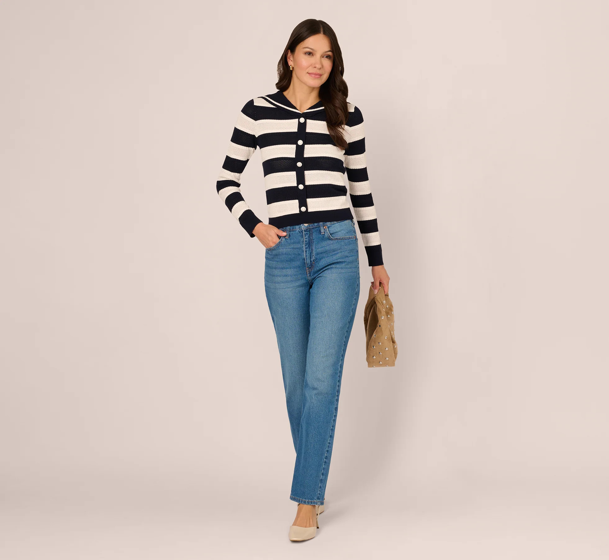 Striped Open Knit Sailor Collar Cardigan In Blue Moon Ivory | Adrianna Papell