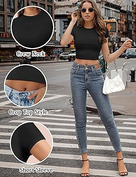 Womens Short Sleeve Crop Top Crew Neck Y2K Shirt Sexy Slim Fitted Casual Base Layer Soft Workout ... | Amazon (US)