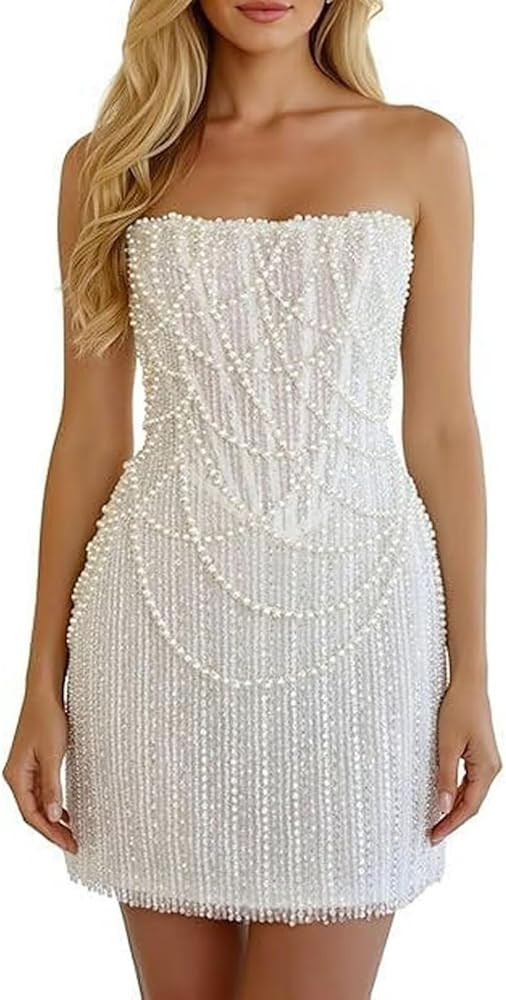 Short Pearls Sequin Prom Dresses 2026 for Women Strapless Formal Dress Sparkly Evening Party Gown... | Amazon (US)