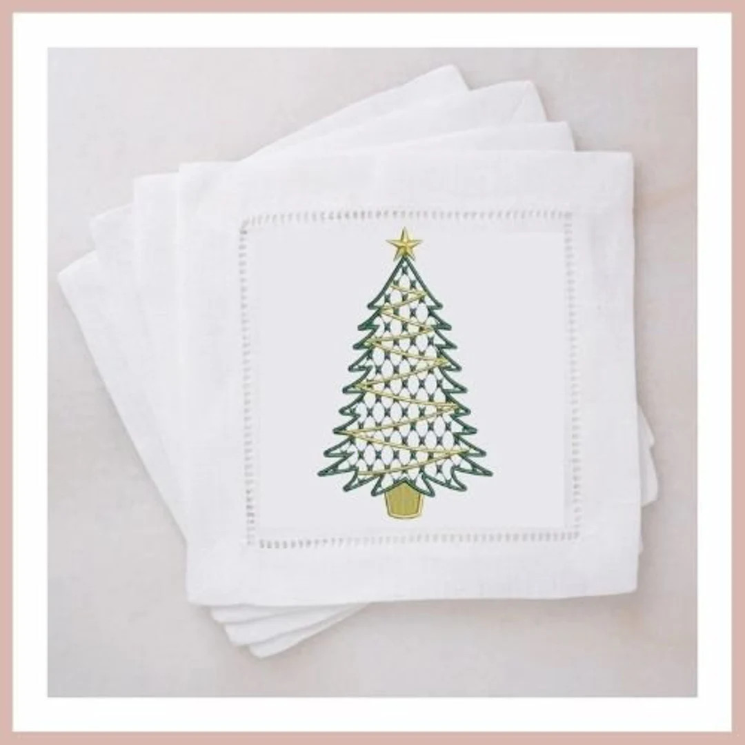 Christmas Tree Embroidered Linen Cocktail Napkins Gift Christmas Friend Party Holidays Custom Emb... | Etsy (US)