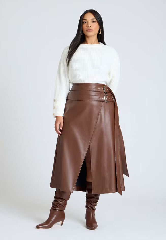 Double Belt Wrap Faux Leather Skirt | Eloquii