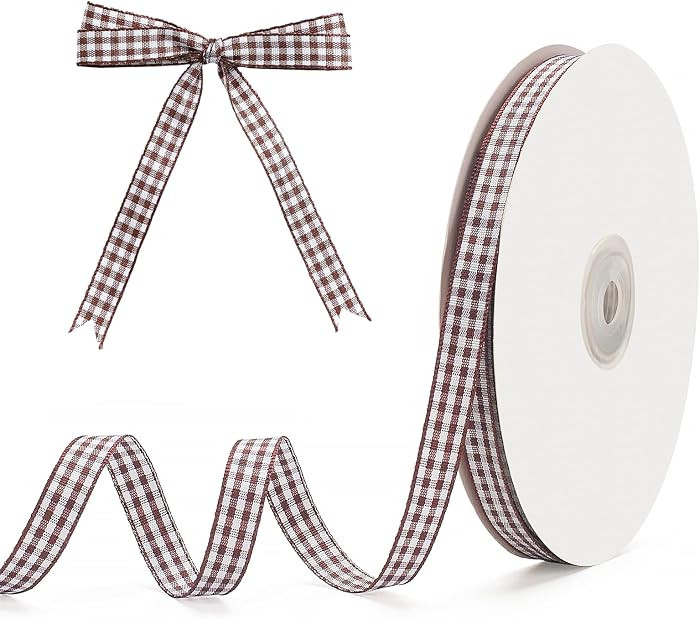 Coffee White Plaid Gingham Ribbon, 3/8" x50 Yards for Gift Wrap Hair Bows DIY Decor (Brown) | Amazon (US)