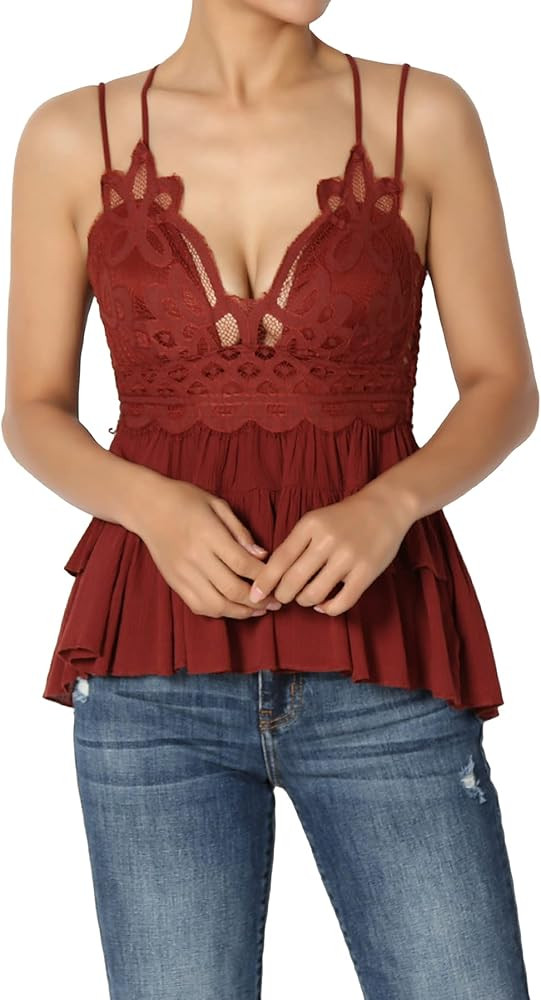 TheMogan S~3X Cross Strap Smocked Back Crochet Lace Ruffle Peplum Cami Top | Amazon (US)