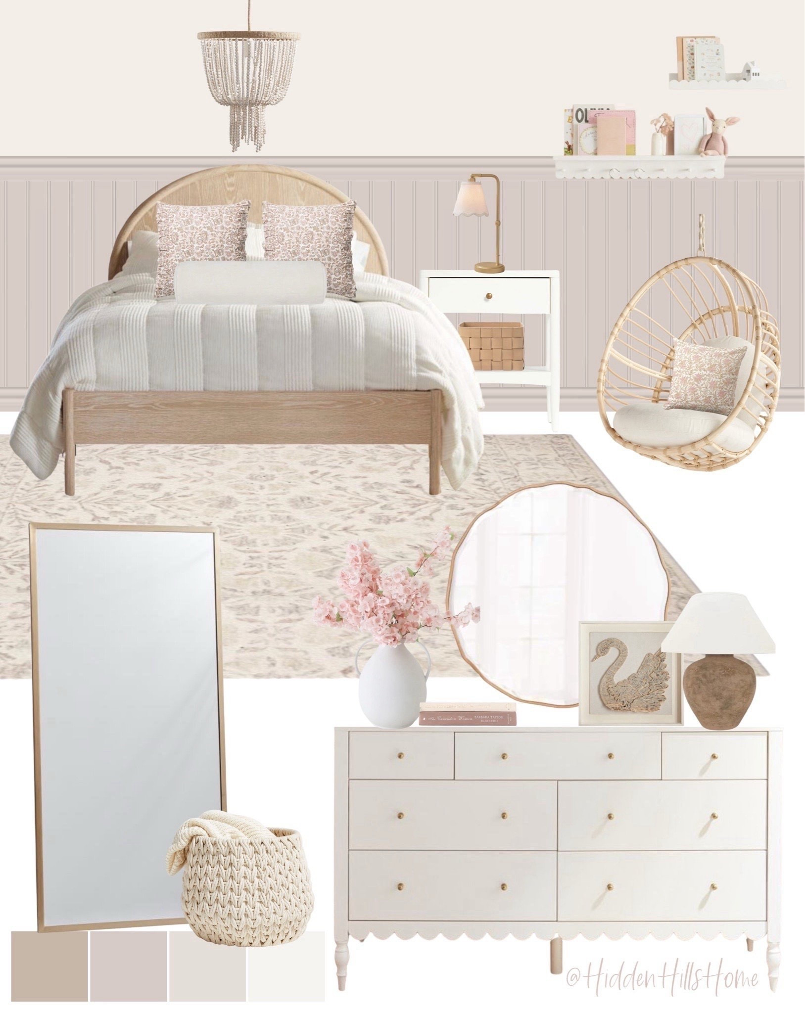 Girls room decor mood board, girls bedroom decor ideas, cute girls room design, feminine bedroom #girlsroom 
Wall color is SW Hush White and Arcade White

#LTKHome #LTKSaleAlert #LTKKids