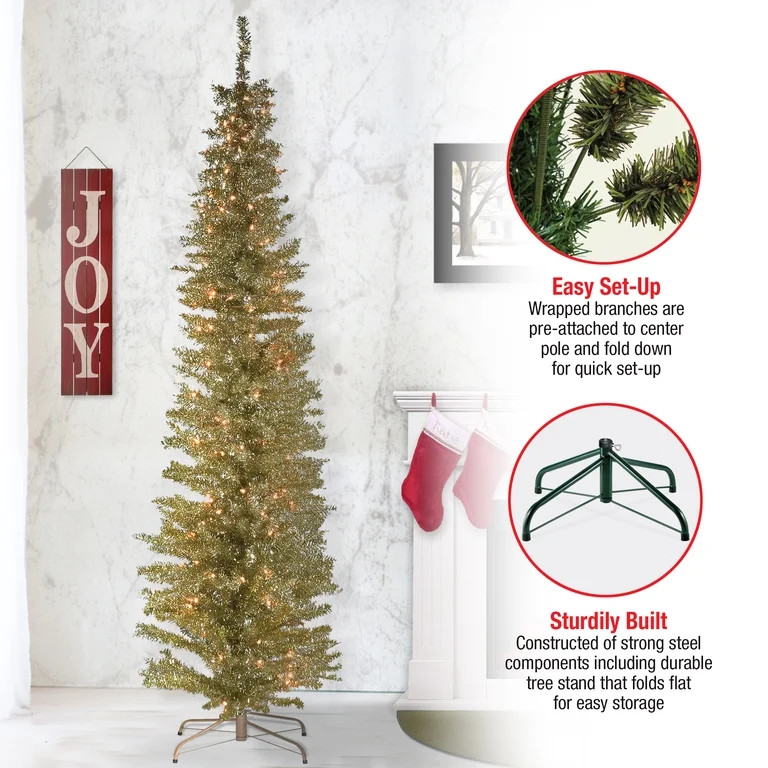 National Tree Company Pre-Lit Artificial Christmas Tree, Champagne Gold Tinsel, White Lights, Inc... | Walmart (US)