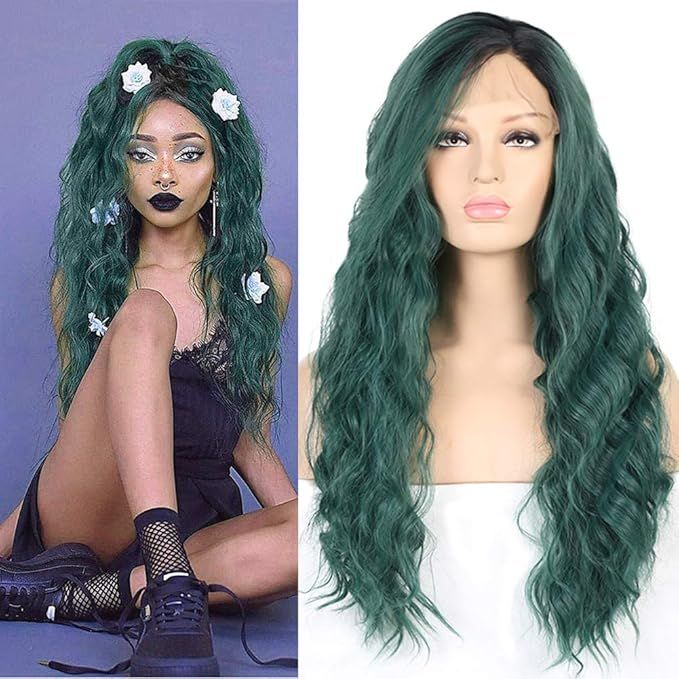 RDY Green Wig Dark Roots for Women 2 Tones Color Long Ombre Green Lace Front Wig Body Wave Gluele... | Amazon (US)