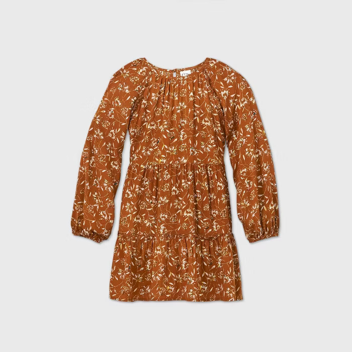 Girls' Floral Print Ruffle Tiered Dress - art class™ Brown | Target