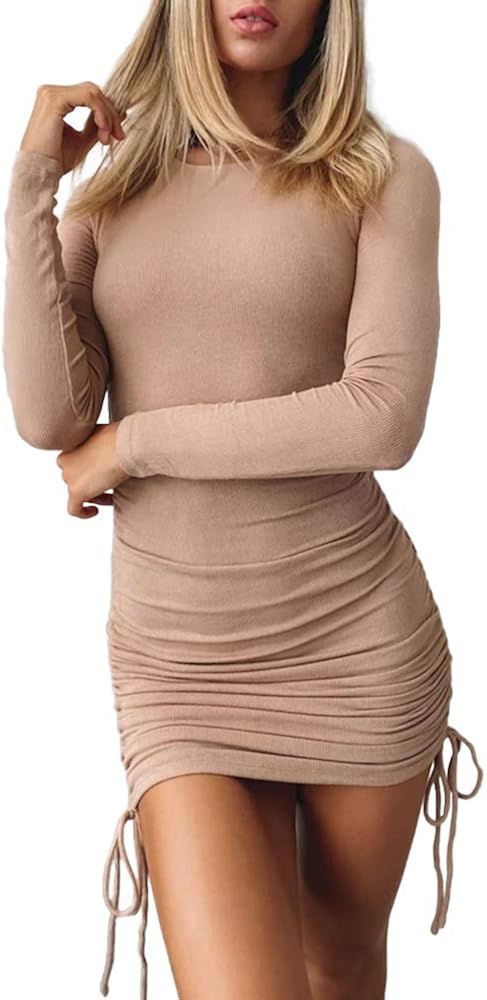 Imysty Womens Bodycon Ribbed Dresses Drawstring Ruched Stretchy Long Sleeve Casual Party Mini Dre... | Amazon (US)