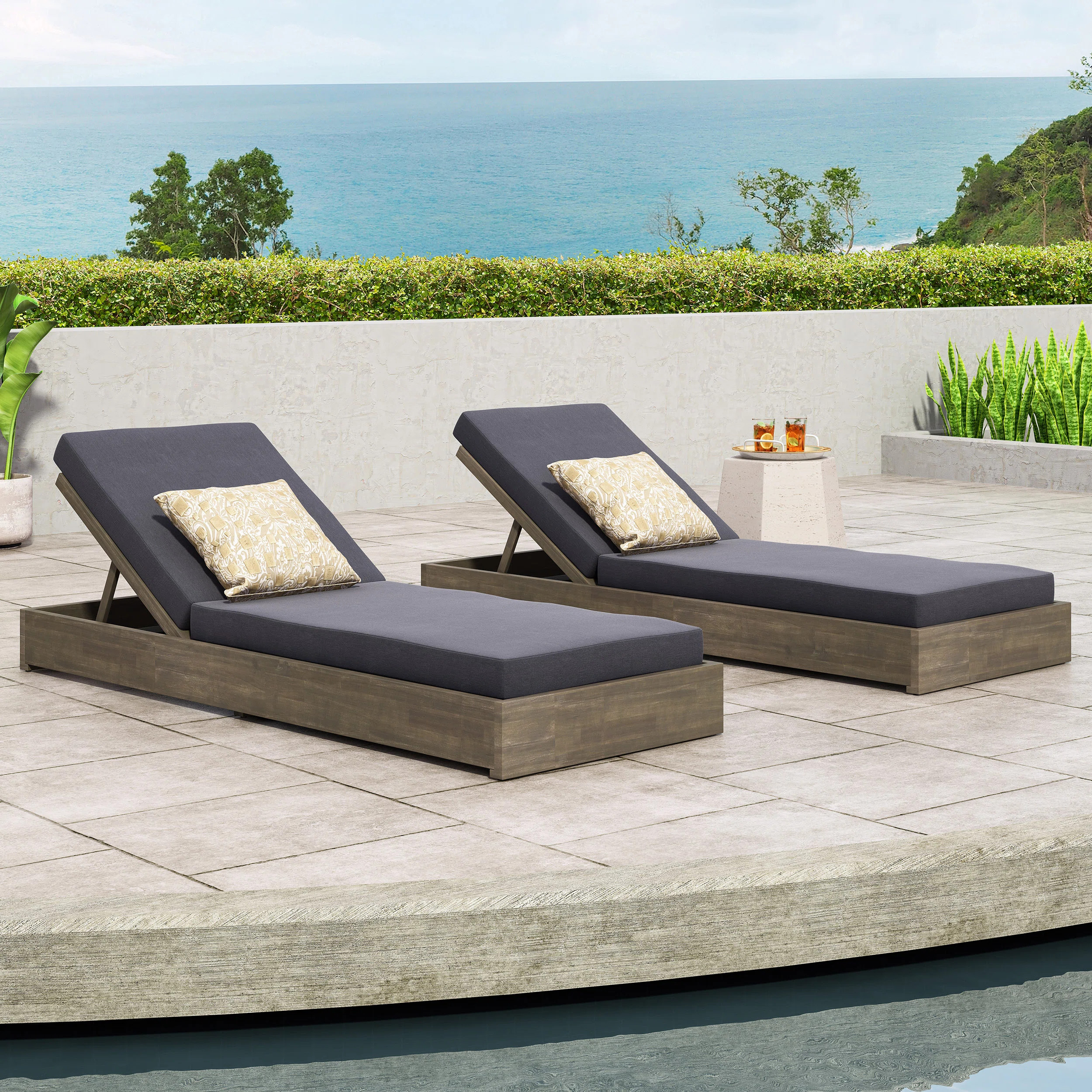 Leite Outdoor Acacia Wood Chaise Lounge Set , Cushion Included (Set of 2) | Wayfair North America