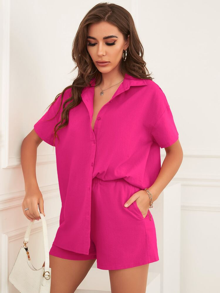 Single Breasted Blouse And Shorts Set | SHEIN