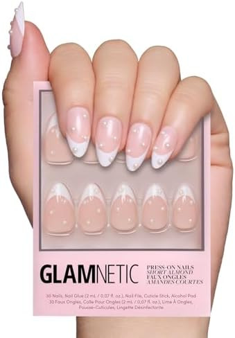 Glamnetic Press On Nails - French Pearl | Glossy, Short Almond French Tip Nails with 3D Accents, ... | Amazon (US)