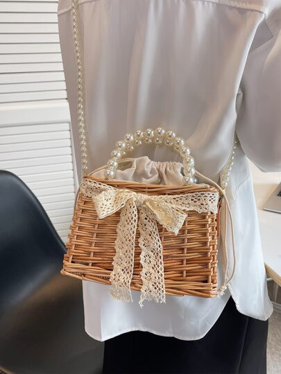 Faux Pearl Beaded Bow Decor Drawstring Design Straw Bag | SHEIN