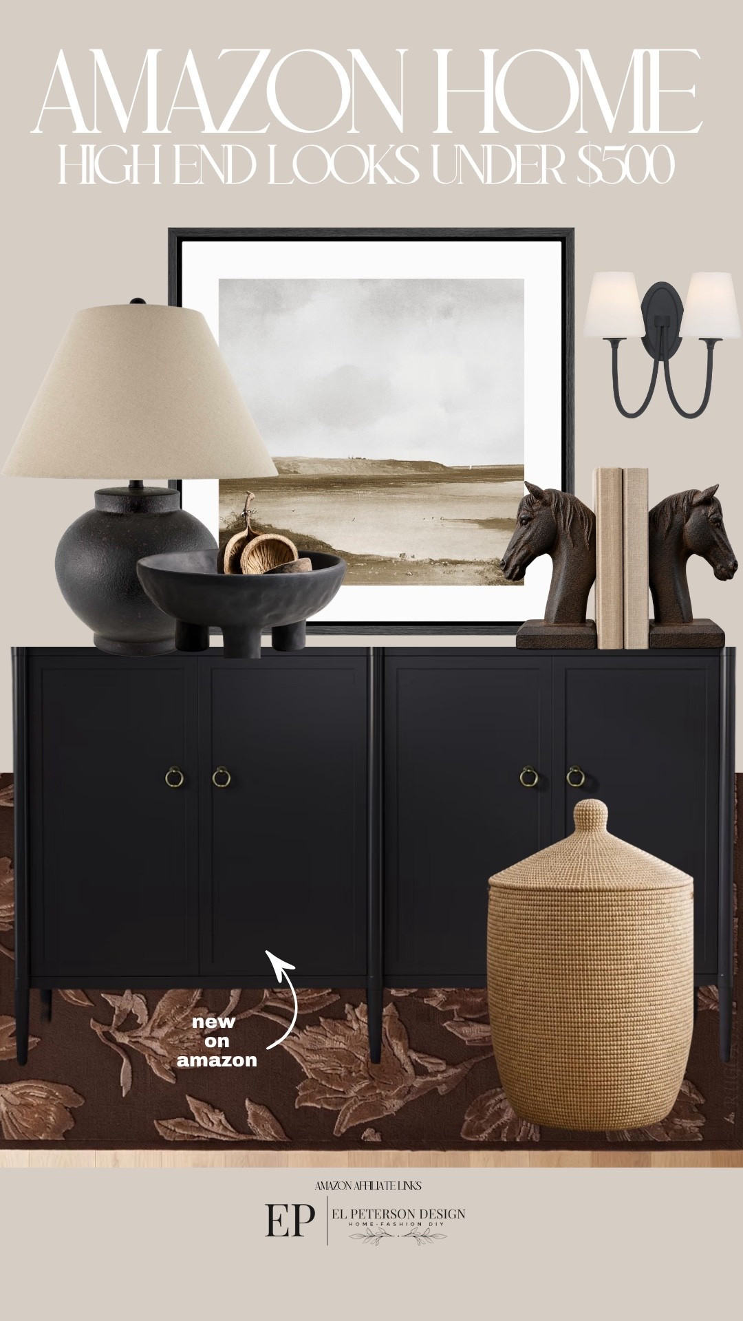 Amazon
Artwork 
Table lamp
Bowl
Accent cabinet
Bookends 
Wall sconce