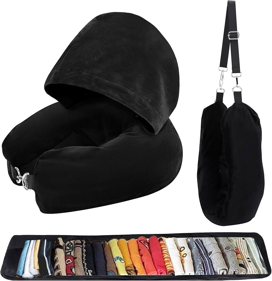 Stuffable Travel Neck Pillow with Hood, Soft Velvet Pillow Stuffable with Clothes, Adjustable Nec... | Amazon (US)