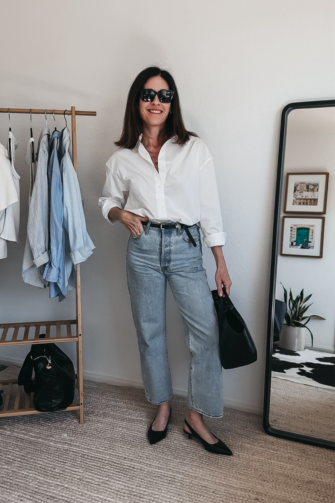 White button up - sold out nyc (fits large) 
15% off code - CONNIVIP15

Belt - Freda Slavador - code 15CONNI for 15% off 

Jeans - Levi’s ribcage angle Jean (fit TTS) 

Bag - 

Shoes - 

#jeans #buttonup #kittenheels 

#LTKover40 #LTKstyletip #LTKshoecrush
