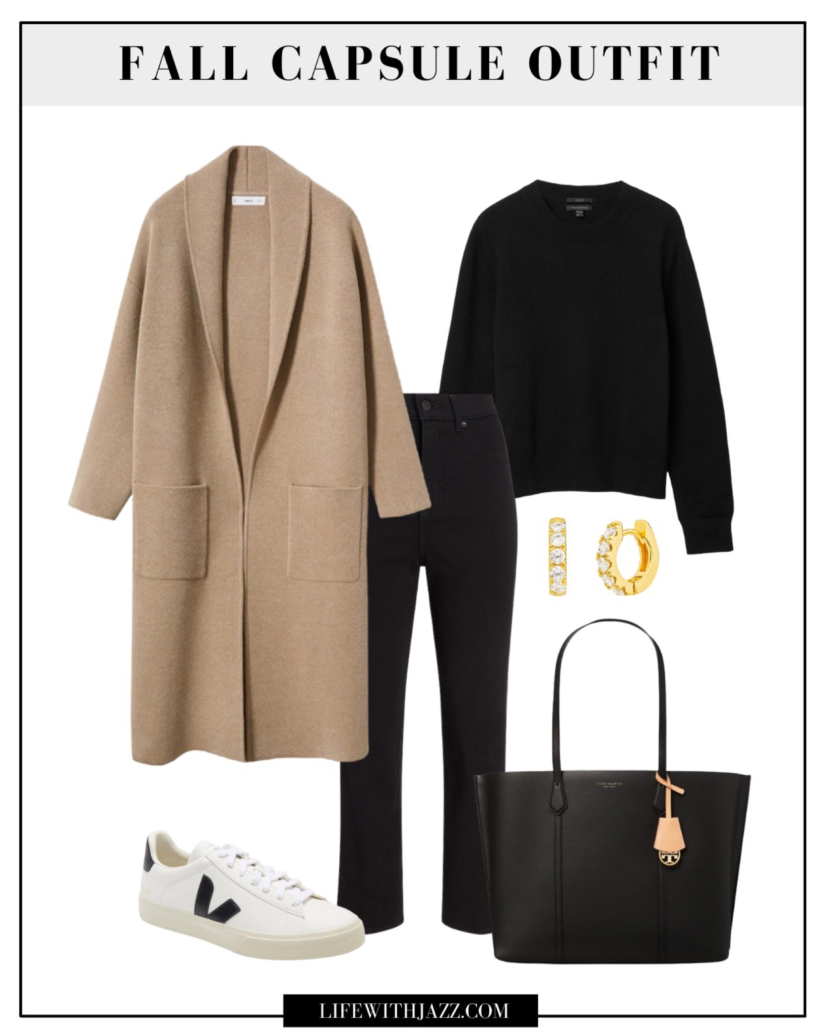 Fall capsule outfit 

Wool tan coat / $50 cashmere sweater / small gold hoops / white and black veja sneakers 

#LTKunder100 #LTKSeasonal #LTKworkwear