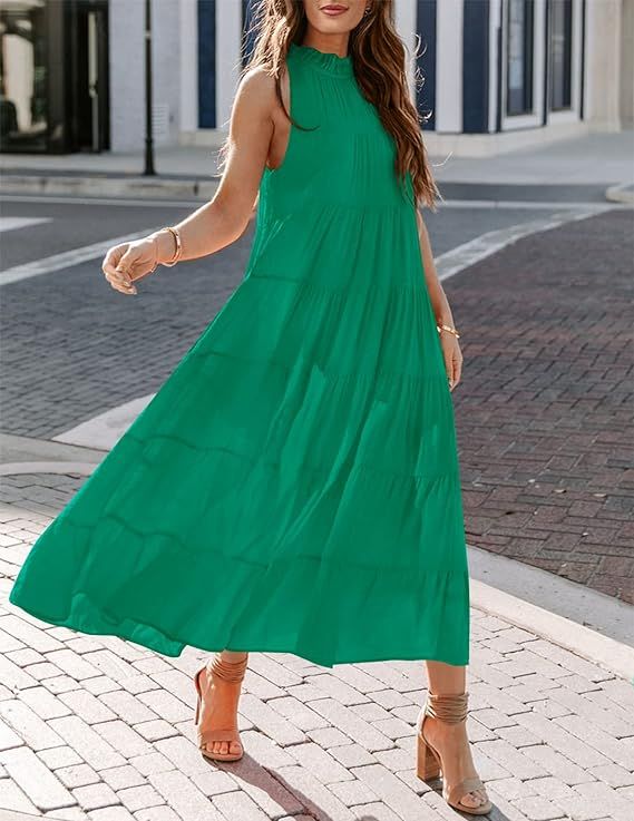HAEOF Womens 2024 Summer Sleeveless Halter Maxi Dress Pleated Tiered Swing Beach Long Dresses Sun... | Amazon (US)