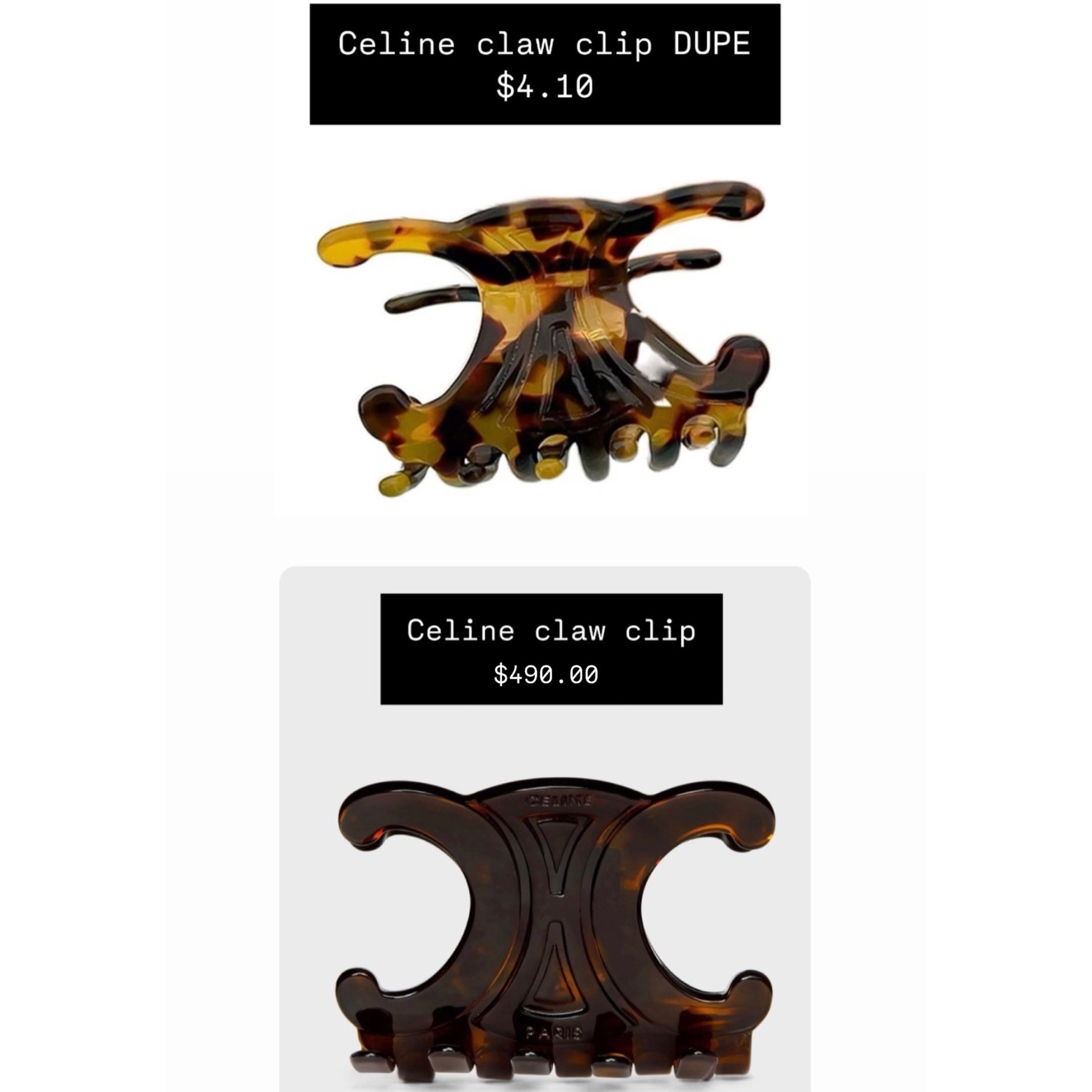Okay I found the cutest Celine, #clawclip dupe; ON #AMAZON !! 

I was able to get just one for $4.10 vs $490.00- unfortunately they’re all sold out now. BUT, I found another manufacturer that is selling a set of two for only 10.99!! 

You guys have to buy these before they’re all gone!! #celinedupe 

#LTKStyleTip 

#LTKGiftGuide #LTKSaleAlert
