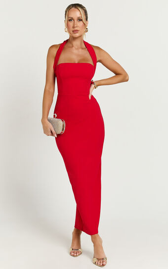 Salome Midi Dress - Halter Neck Column Dress in Red | Showpo (ANZ)
