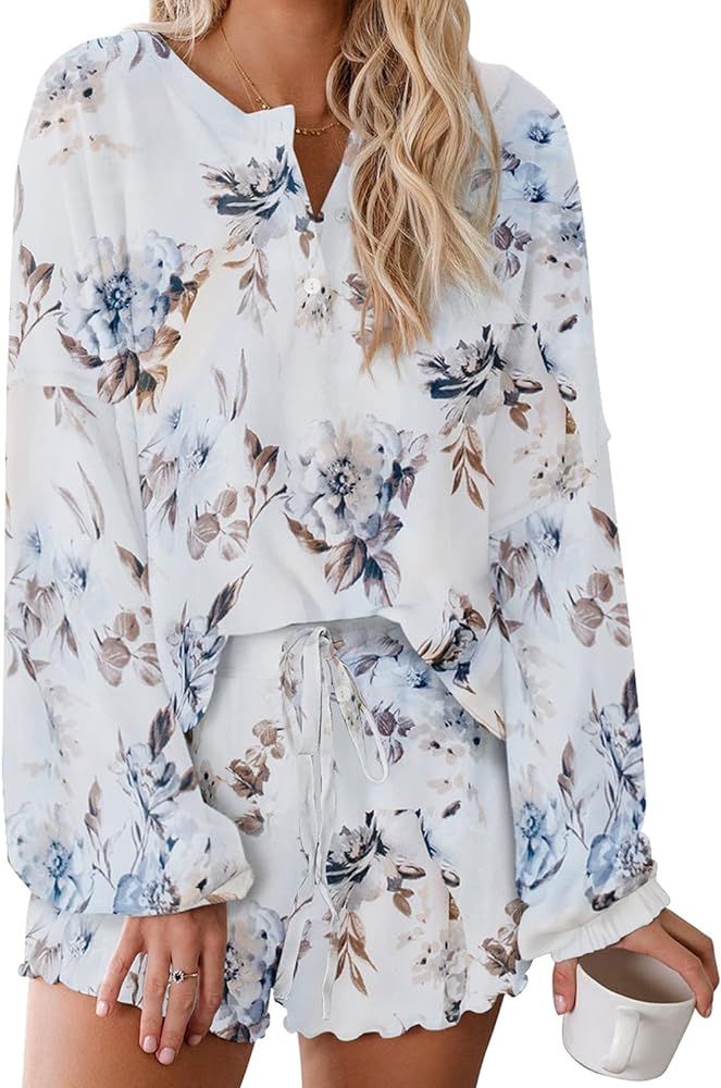 Century Star Women Pajamas Tie Dye Print Long Sleeve Shirt Elastic Drawstring Shorts Pant 2 Piece Se | Amazon (US)