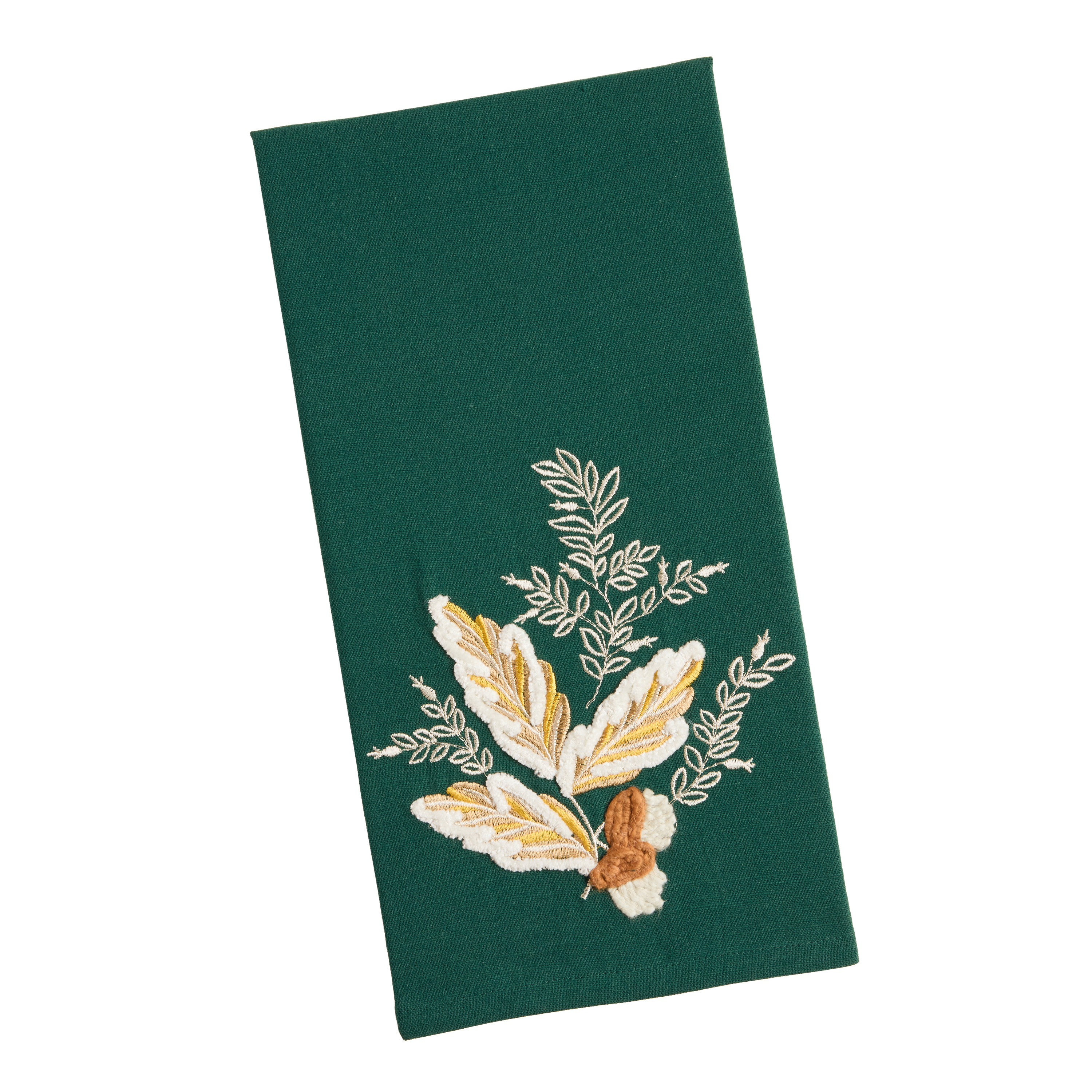 Pine Green and White Acorn Floral Embroidered Kitchen Towel | World Market