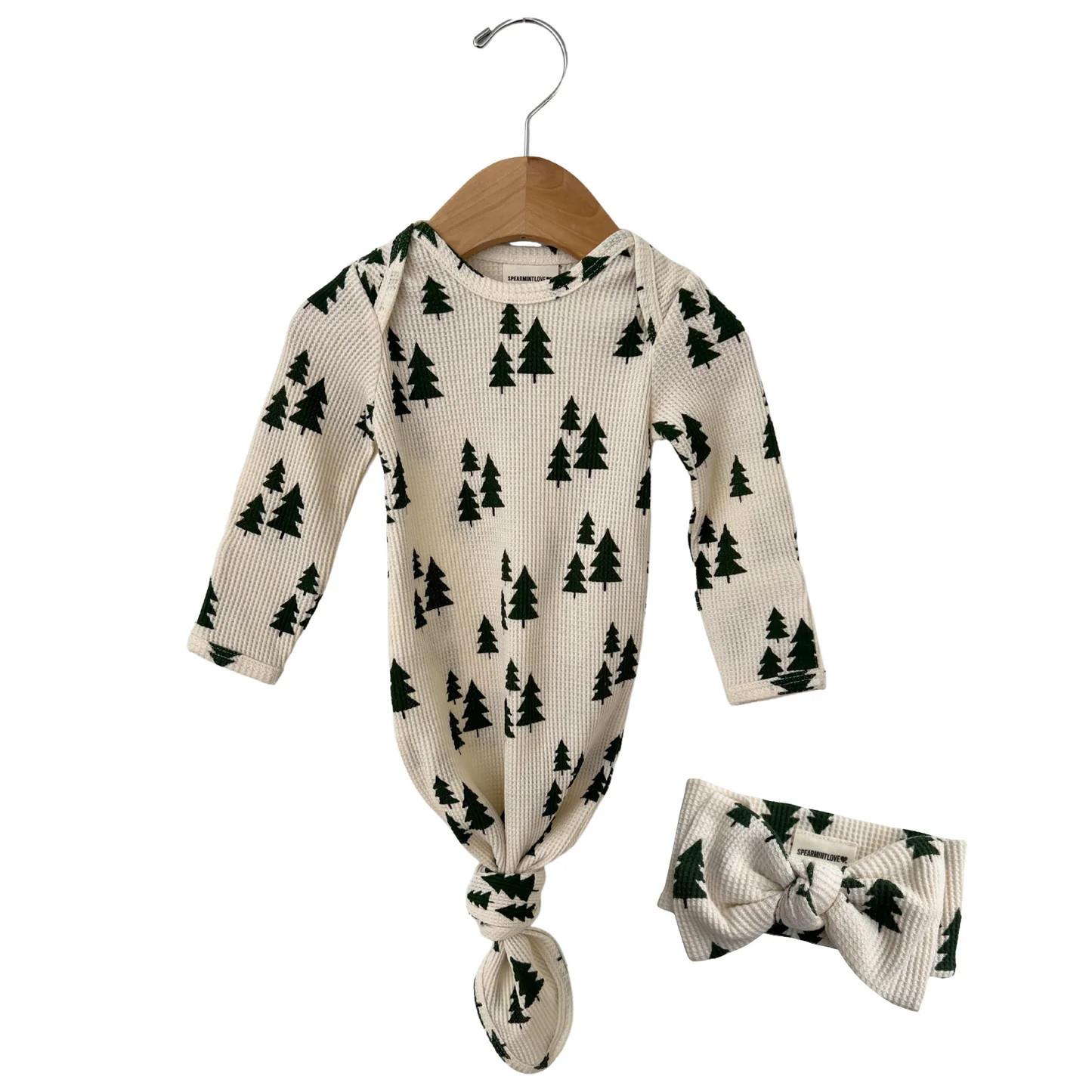 Organic Waffle Knotted Gown & Bow Set, Forest Green Trees | SpearmintLOVE