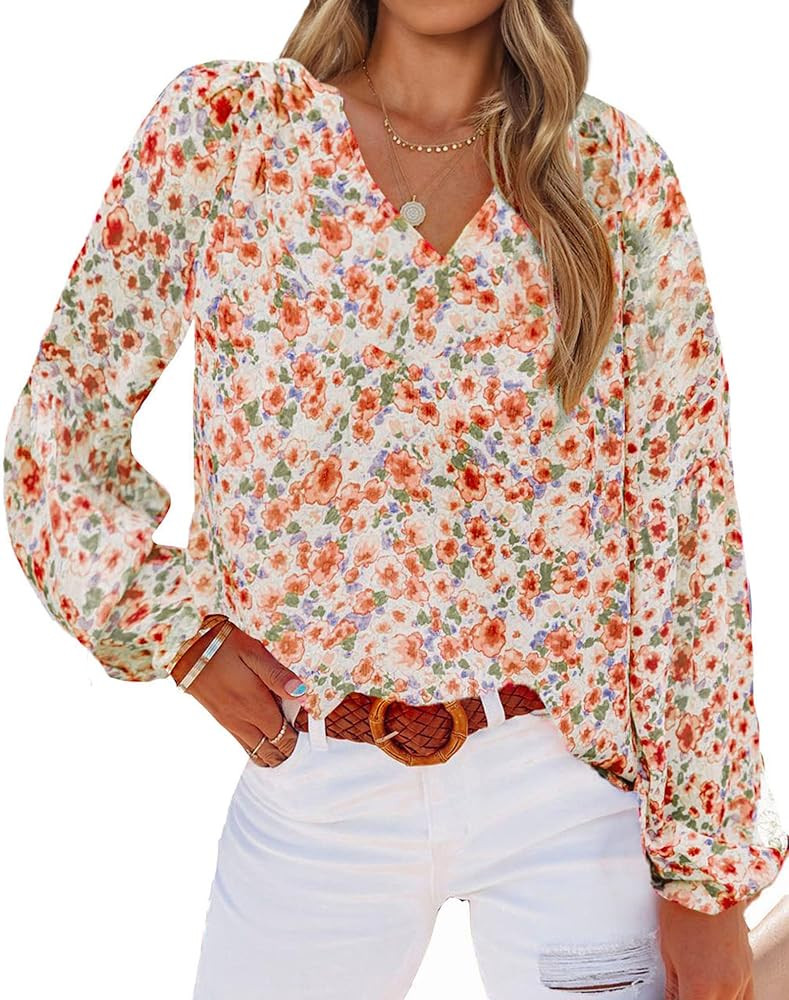 BTFBM Women Casual Boho Blouse Fashion Floral Shirts V Neck Long Puff Sleeve Lightweight Chiffon ... | Amazon (US)